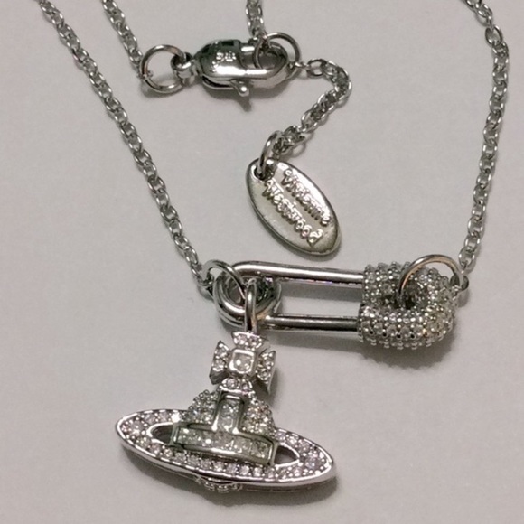 Silver Saturn crystal signature safety pin Orb necklace - Picture 2 of 5